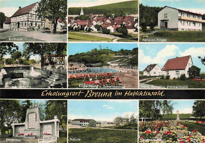 Breuna Hessen Rathaus Pension Pilger Kugelburg und Schwimmbad Ehrenmal Schule He