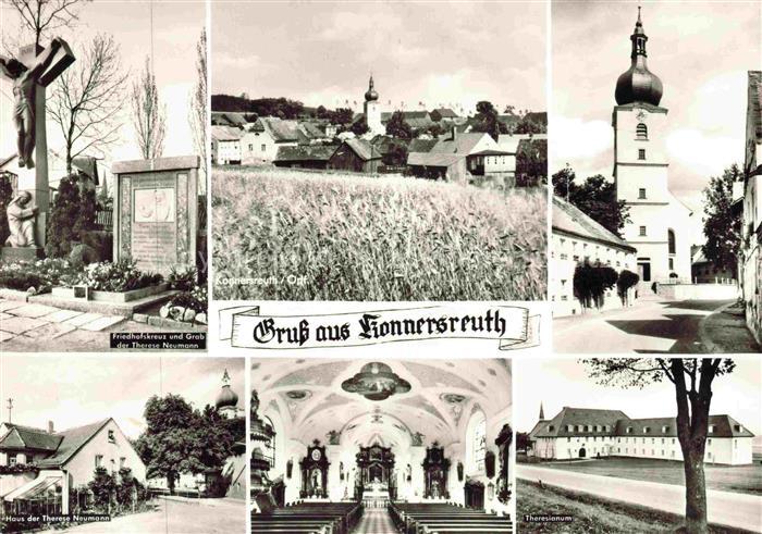 Konnersreuth Oberpfalz Friedhof Kreuz Grabstein Ortsansicht mit Kirche Therese N