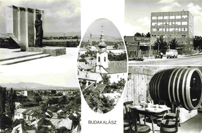 Budakalasz HU Denkmal Statue Stadtpanorama Kirche Hotel Weinfass
