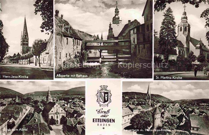Ettlingen Herz Jesu Kirche Albpartie mit Rathaus St Martins Kirche Albtalblick L