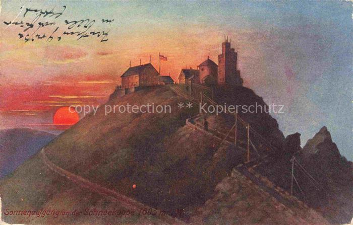 Karpacz Krummhuebel Riesengebirge PL Sonnenaufgang an der Schneekoppe Bergbaude