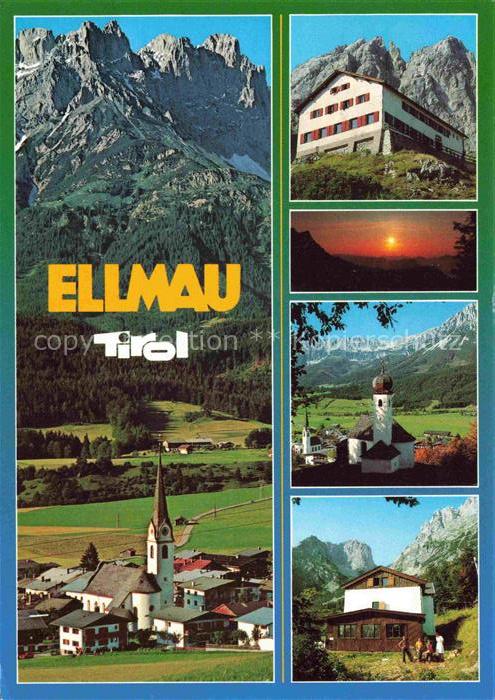 Ellmau Elmau Tirol AT Wilder Kaiser Kirche Gasthaus Sonnenuntergang Panorama
