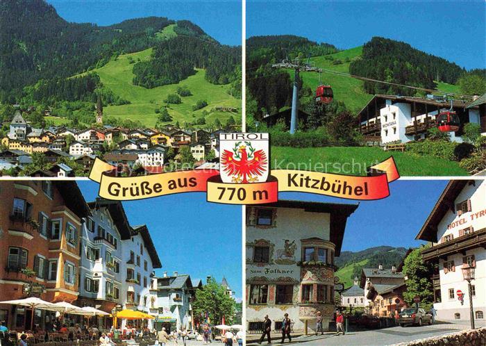 Kitzbuehel Tirol AT Panorama Hahnenkammseilbahn Fussgaengerzone und Hotel Montan