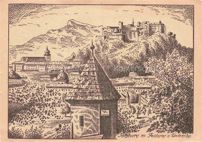 SALZBURG AT mit Festung und Untersberg Zeichnung Kuenstlerkarte