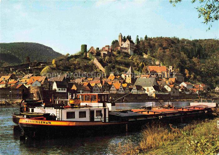 Hirschhorn Neckar Hessen Neckarpartie mit Schloss und Frachter
