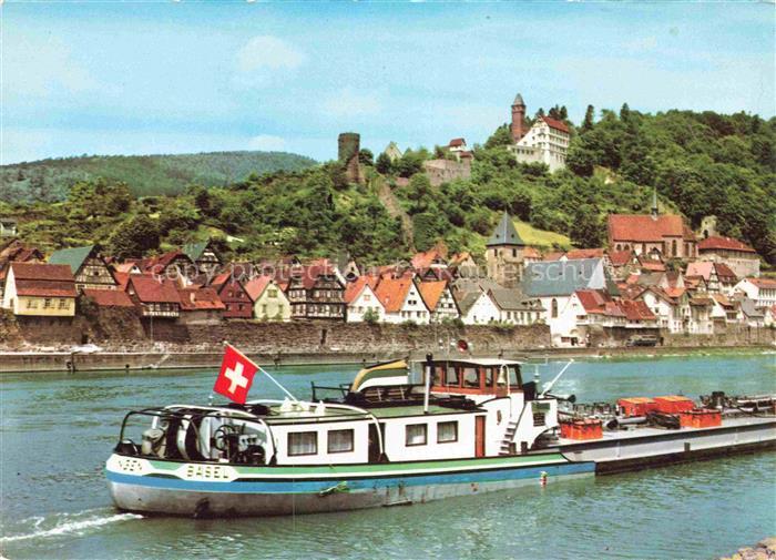 Hirschhorn Neckar Hessen Neckarpartie mit Burg und Schloss Hotel Frachtschiff
