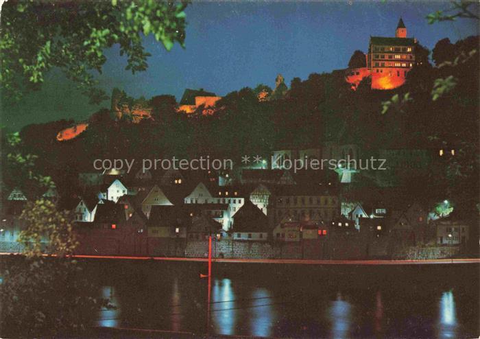Hirschhorn Neckar Hessen Neckarpartie mit Burg Hirschhorn bei Nacht