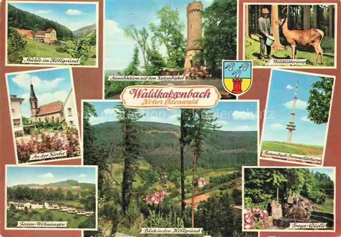 Waldkatzenbach Waldbrunn Muehle im Hoellgrund Kirche Katzenbuckelturm Wildfuette
