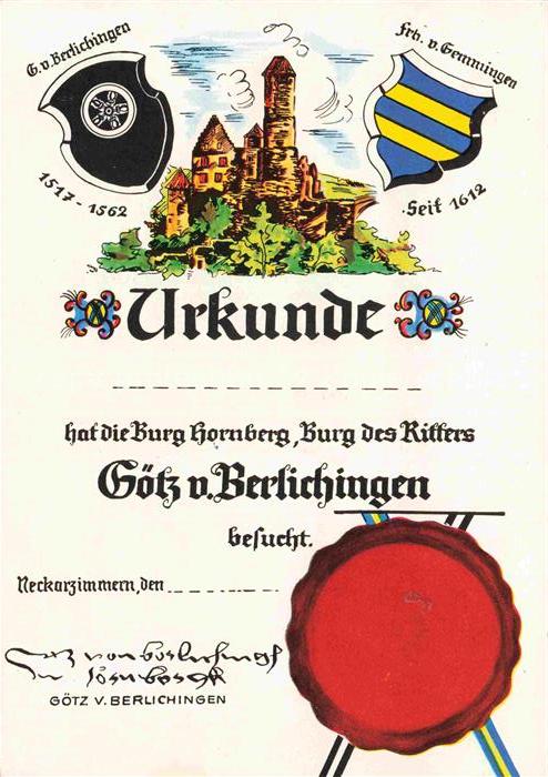 Neckarzimmern Urkunde Burg Hornberg Burg des Ritters Goetz von Berlichingen Wapp