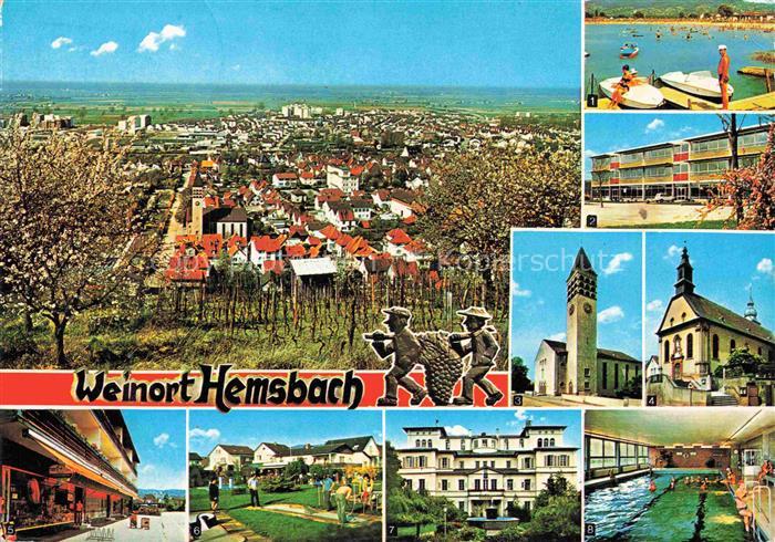 Hemsbach  Bergstrasse Stadtpanorama Baumbluete Badestrand Hotel Hallenbad Kirche