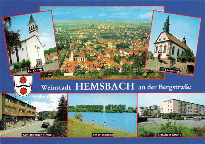 Hemsbach  Bergstrasse Panorama Weinstadt Kirche Koenigsberger Strasse Wiesensee