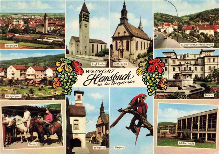 Hemsbach  Bergstrasse Panorama Weinort Kirche Strassenpartie Minigolf Rathaus Ti