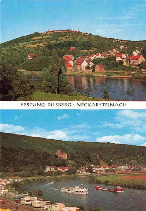Neckarsteinach Panorama Blick ueber den Neckar zur Festung Dilsberg Binnenschiff
