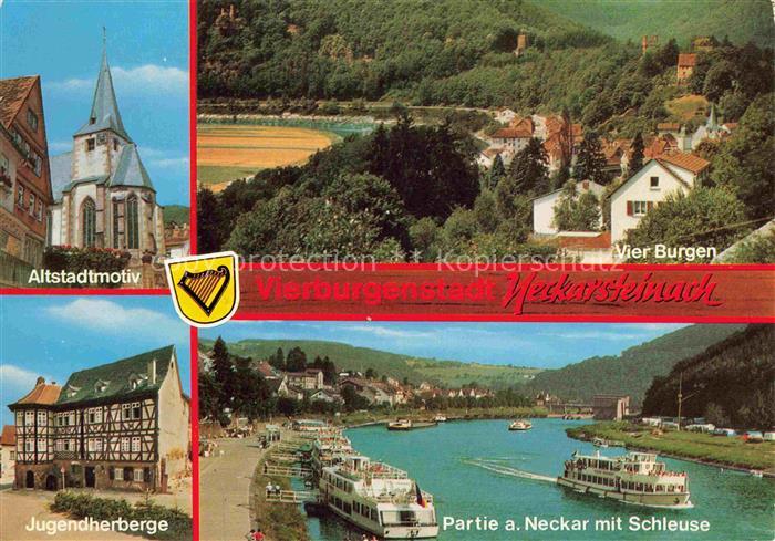 Neckarsteinach Altstadtmotiv Jugendherberge Vier Burgen Neckarpartie mit Schleus
