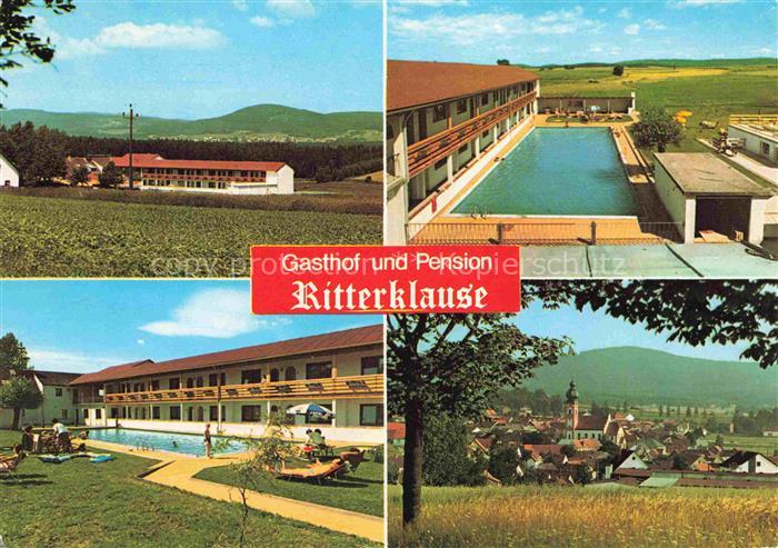 Eslarn Gasthof Pension Ritterklause Swimming Pool Ortsansicht mit Kirche