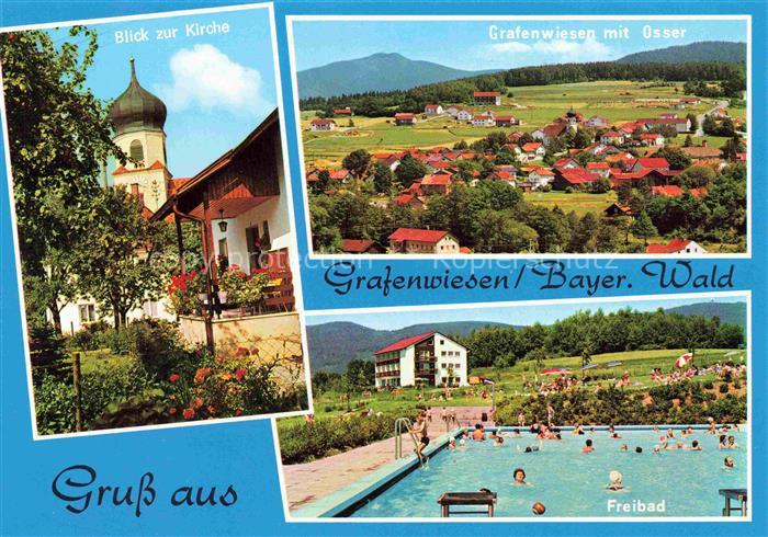 Grafenwiesen Cham Bayern Panorama Blick gegen Osser Kirche Freibad