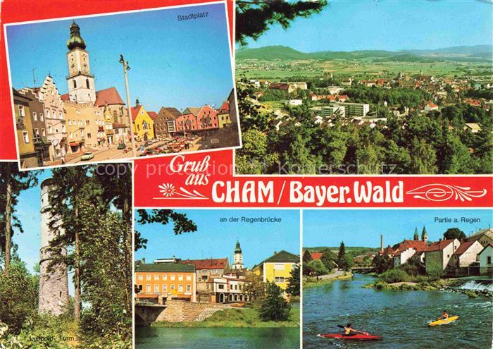 Cham  Oberpfalz Panorama Stadtplatz Luitpold Turm Partie am Regen Bruecke