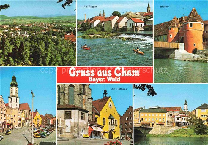 Cham  Oberpfalz Panorama Partie am Regen Biertor Stadtplatz Kirche Rathaus