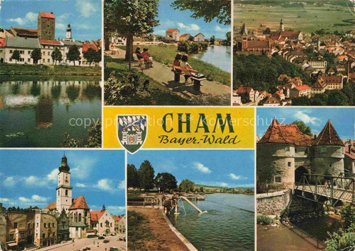 Cham  Oberpfalz Partie am Regen Uferpromenade Stadtplatz Kirche Bruecke Stadttor