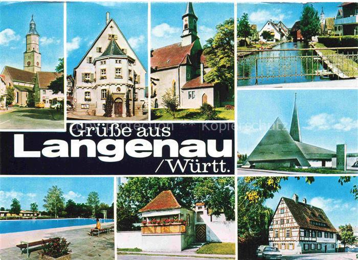 Langenau Wuerttemberg Teilansichten Kirche Partie am Wasser Freibad