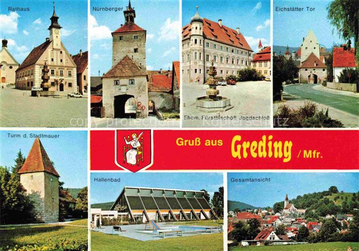 Greding Rathaus Tuerme der Stadt Stadtmauer Hallenbad Gesamtansicht