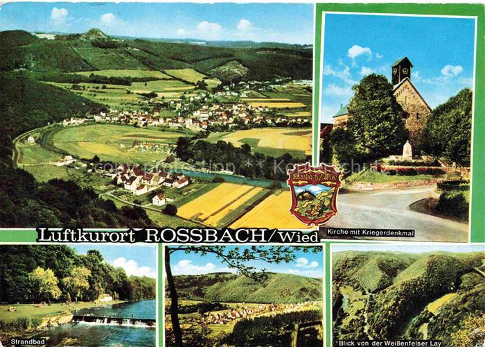 Rossbach Wied Fliegeraufnahme Kirche mit Kriegerdenkmal Strandbad Blick von der