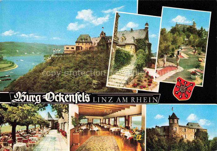 Linz Rhein Rheinland-Pfalz Burg Ockenfels Minigolf Terrasse Gastraum Rheinpartie