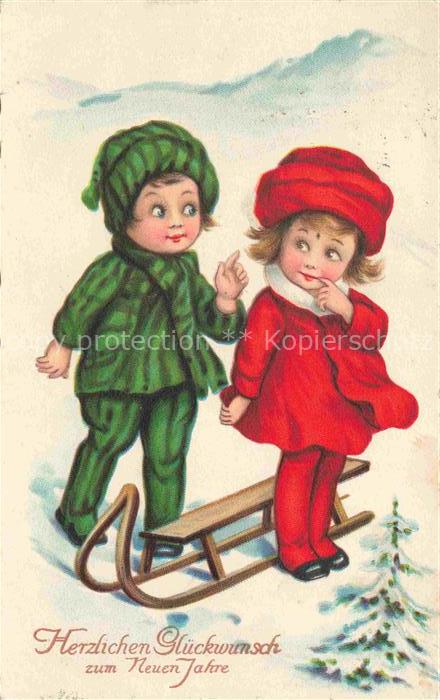 Neujahr Annee New Year Kinder Schneeschlitten