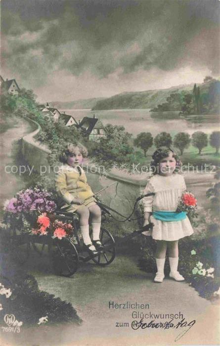 Foto HB Nr. 7691/3 Kinder Rosen Wagen Geburtstag