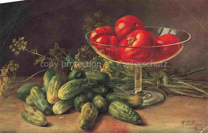 BILLING M. Kuenstlerkarte Stillleben Wernle Zuerich Putzmittel Tomaten Gurcke