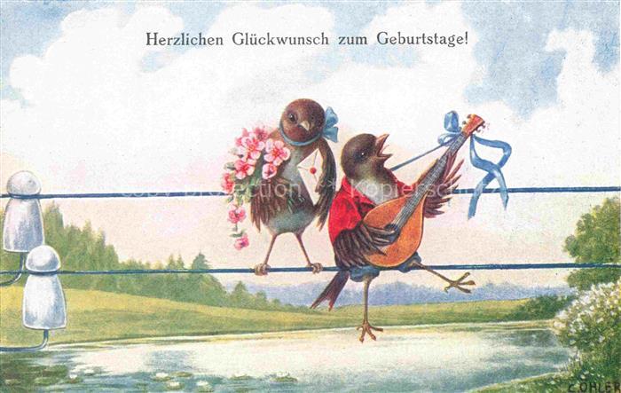 oeHLER C. Kuenstlerkarte Voegel Geburtstag Mandoline