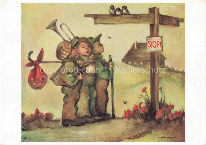 HUMMEL F. Kuenstlerkarte 5551 Wandern Voegel Trompete Kinder