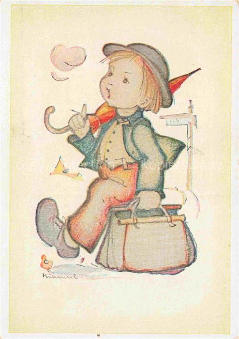 Hummel Kuenstler-AK-Nr. Wanderbub Regenschirm Kind