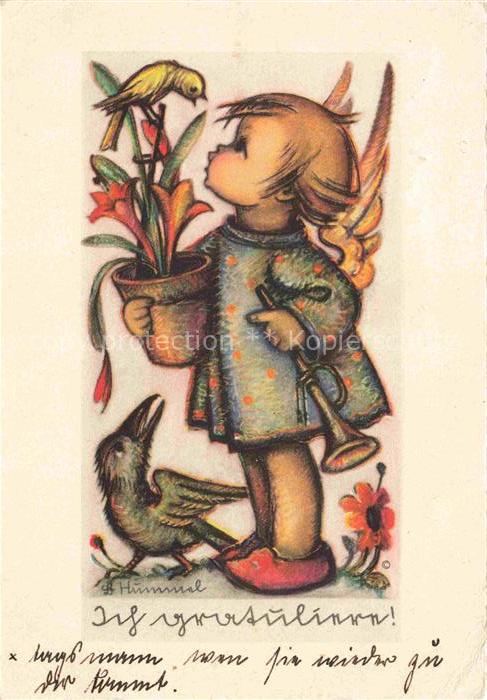 Hummel Kuenstler-AK-Nr. 4514 Kind Engel Voegel Trompete