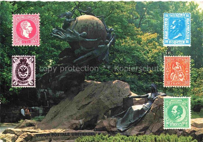 Briefmarken auf AK Timbres Postage Francobollo-- Bern Denkmal Universalen Postve