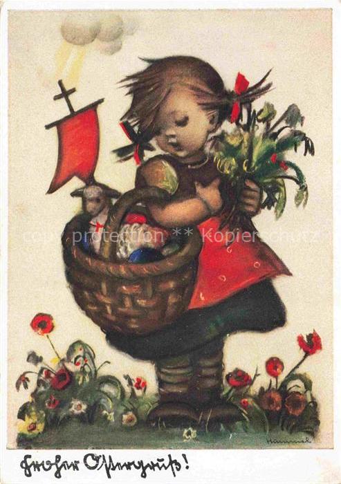 Hummel Kuenstler-AK-Nr. 5205 Ostern Maedchen Lamm Koerbchen