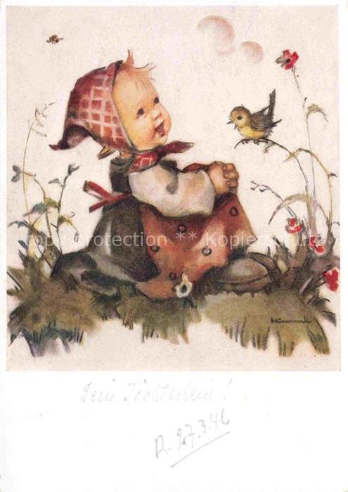 Hummel Kuenstler-AK-Nr. 5896 Sorglos! Maedchen Vogel