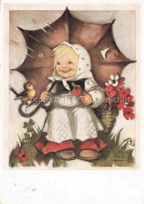 Hummel Kuenstler-AK-Nr. 5832 Maedchen Regenschirm Vogel