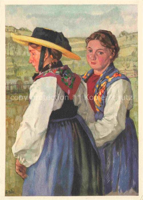 HODEL Ernst (1881-1955) Kuenstlerkarte Oberhasli Kostuem Trachten