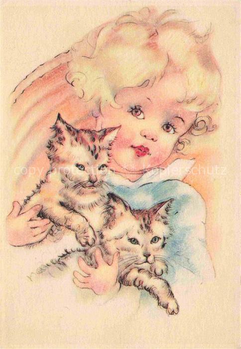 Katzen Maedchen Litho