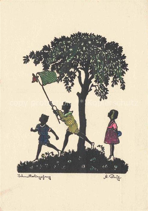 Schattenbildkarte Shadowbolt Scherenschnitt-AK Antonie Preuss Bad Doberan Kinder