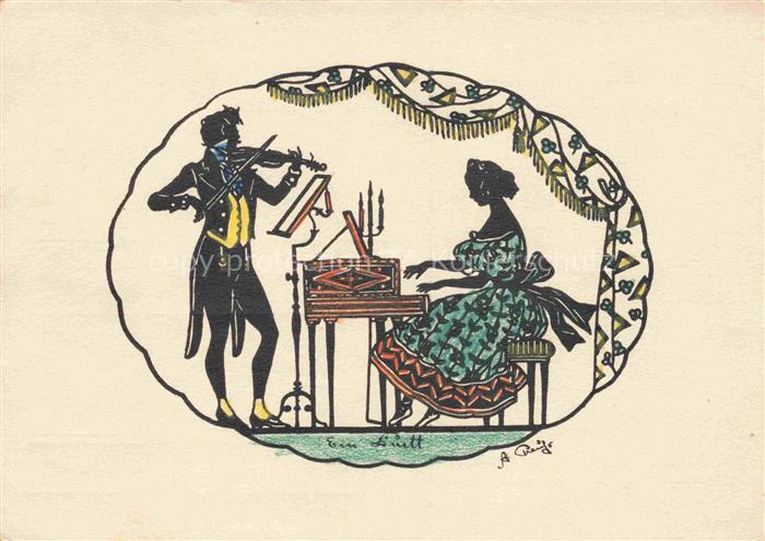 Schattenbildkarte Shadowbolt Scherenschnitt-AK Klavier piano Antonie Preuss Bad