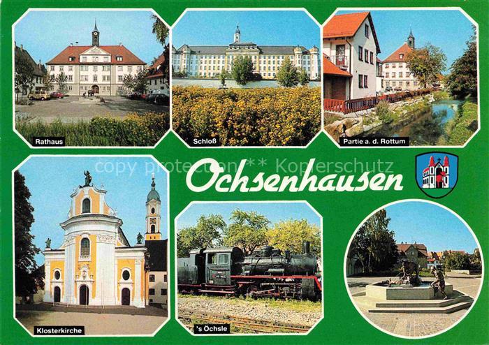 Ochsenhausen Rathaus Schloss Partie an der Rottum Klosterkirche s'oechsle Brunne