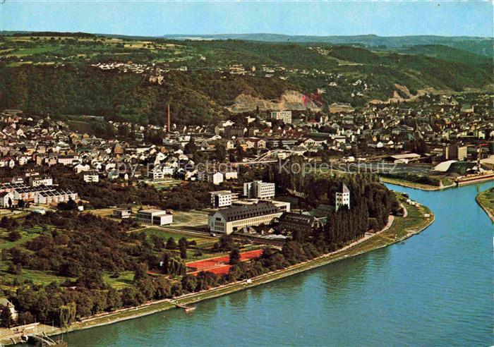 Lahnstein Rheinland-Pfalz Lahnmuendung mit Burg Lahneck Fliegeraufnahme
