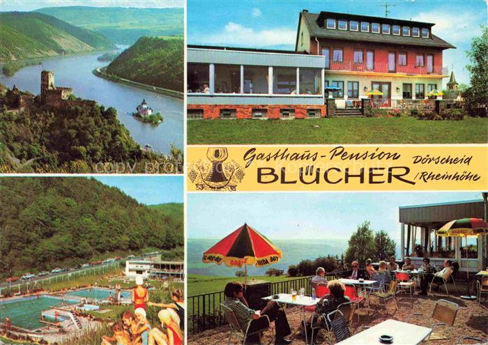 Doerscheid Rheinpartie mit Burg Gasthaus Bluecher Schwimmbad Terrasse