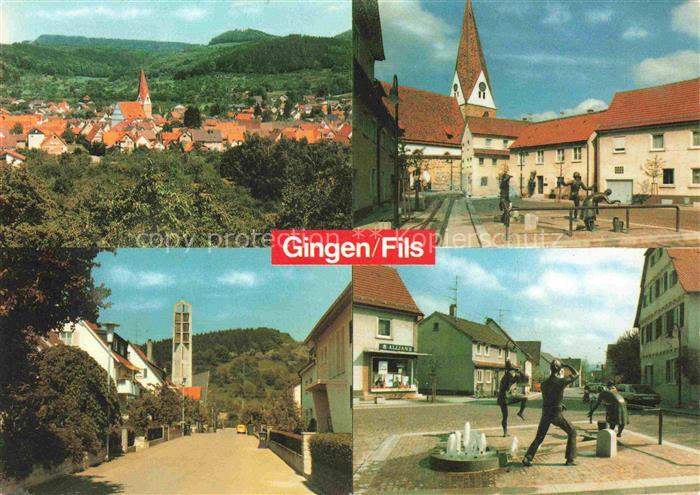 Gingen Fils Ortsansicht mit Kirche Marktplatz Skulpturen