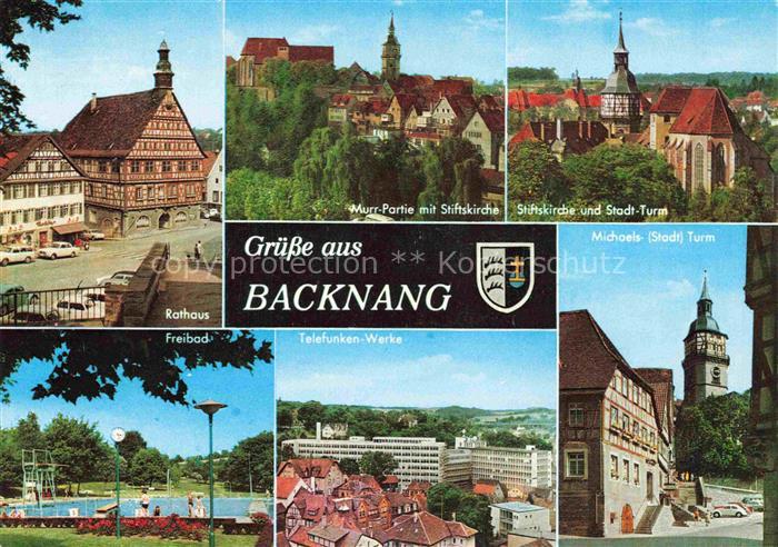 Backnang BW Rathaus Murrpartie mit Stiftskirche Stadtturm Schwimmbad Telefunkenw