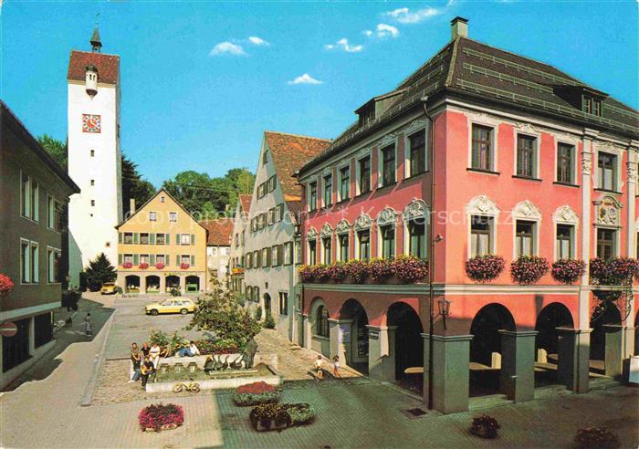 Leutkirch Rathaus Gaenselieselbrunnen und Bockturm