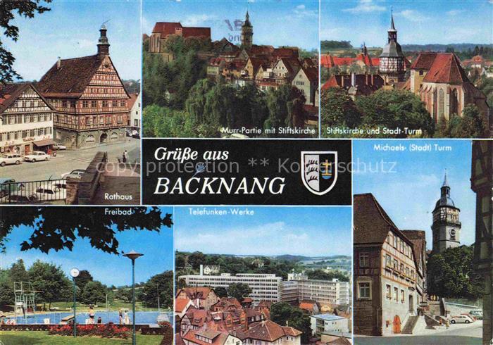 Backnang BW Rathaus Murrpartie mit Stiftskirche Stadtturm Schwimmbad Telefunkenw
