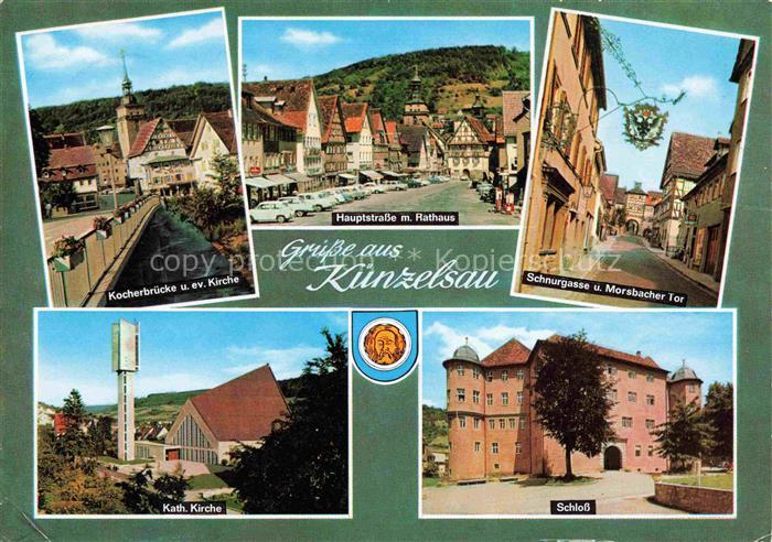Kuenzelsau Kocherbruecke Kirche Hauptstrasse Rathaus Schnurgasse Morsbacher Tor
